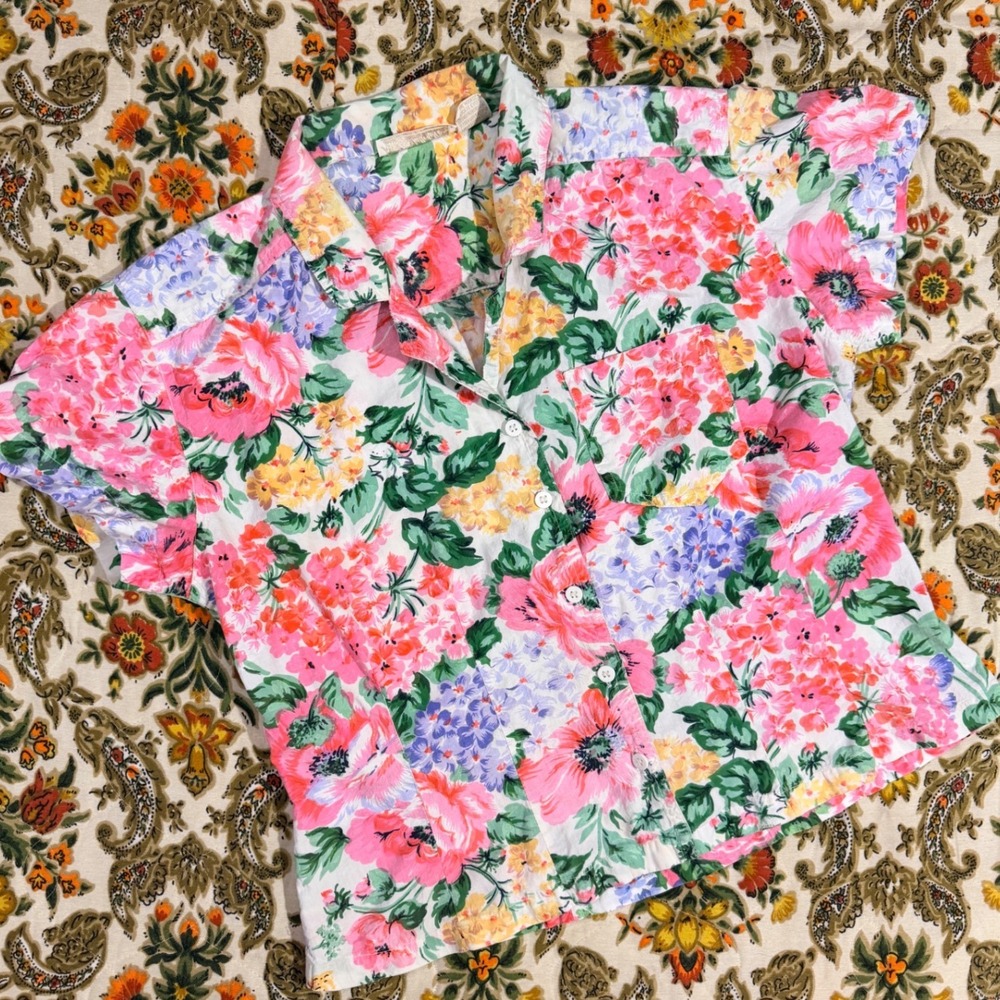 Marshall Field's VTG Floral Button Down Shirt 100% Cotton Short Sleeve Pink - S - Picture 2 of 6